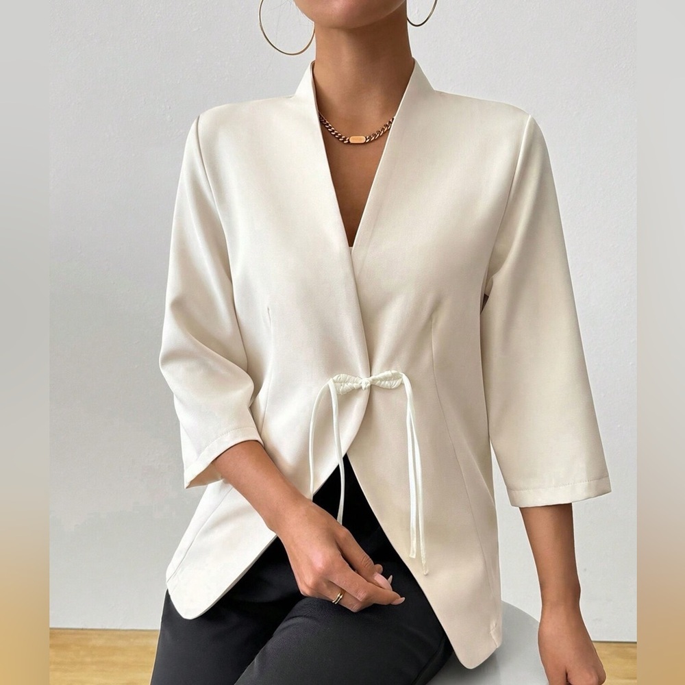 ♥️Hello Gorgeous! Milky White Tie-Front Open Blazer - Picture 3 of 9